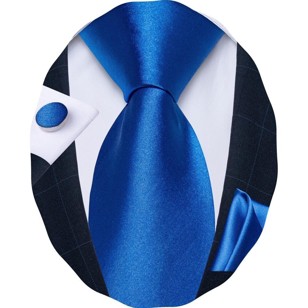 2464 Royal Blue Tie Set Satin Plain Blue Necktie and Pocket Square